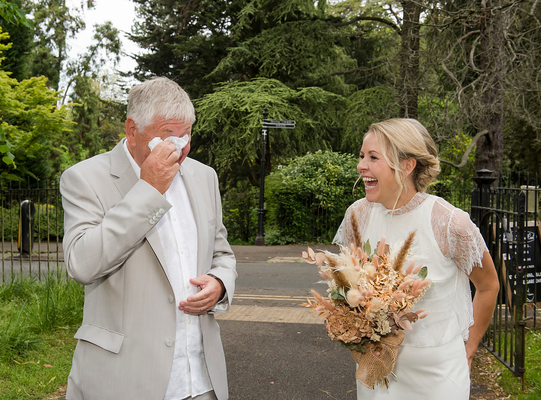 Brides Father happy tears just before the wedding starts. Bath wedding. Temple of Minerva. Beata Cosgrove Photography