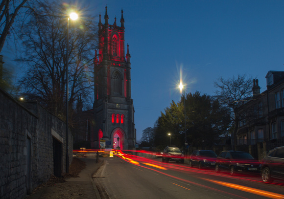 St Stephen's Church, Lansdown, Bath, photographed at dawn with light trail