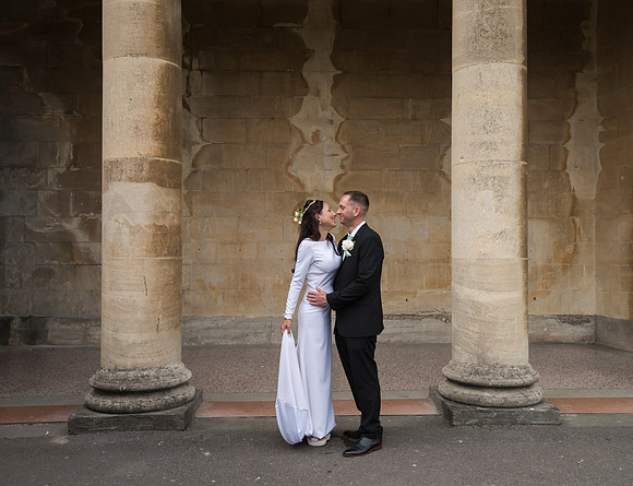 The Guildhall Wedding. Bride and Groom at Parade Gardens on her wedding day.